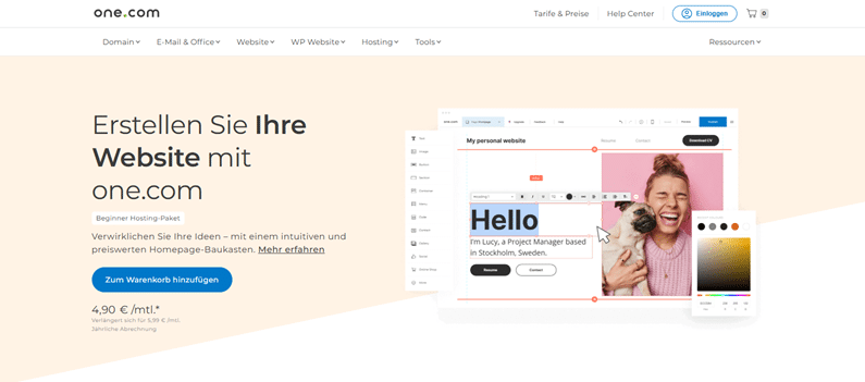 ONE.com Screenshort der Startseite